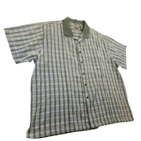 Himalaya Outfitters Plaid Green Beige Button Shirt 2XL Short Sleeve USA Cotton - Picture 3 of 8